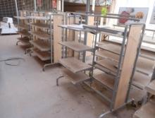 2-sided merchandising shelving units, w/ shelves, on casters
