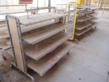 2-sided merchandising shelving units, w/ shelves, on casters