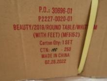 pallet of white round tables, new