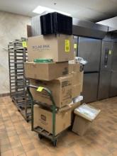 METAL FLAT CART W/ ASSORTED FOOD SERVICE ITEMS