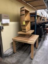 WOODEN MERCHANDISING TABLE W/ GUINESS BARREL DISPLAY