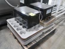 pallet of misc- aluminum muffin pans, microwave ovens