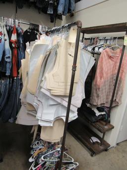 industral style garment rack with wood shelving.  Clothing shown in picture not included.