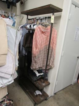 industral style garment rack with wood shelving.  Clothing shown in picture not included.