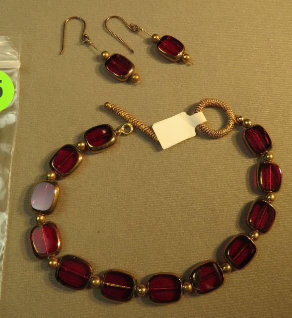 gold tone with red glass - toggle catch bracelet size 8 & matching shepherd hook earrings