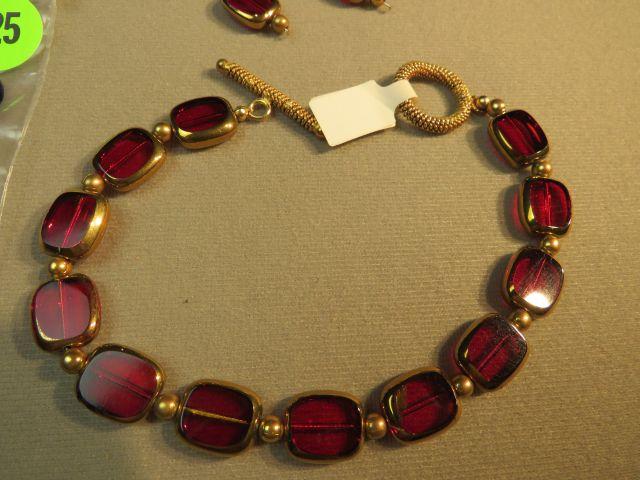 gold tone with red glass - toggle catch bracelet size 8 & matching shepherd hook earrings