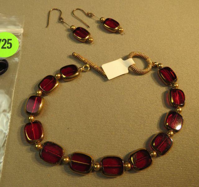 gold tone with red glass - toggle catch bracelet size 8 & matching shepherd hook earrings