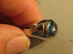 Sterling w/ 18k gold bezel ring (size 7) with cabachion blue quartz & 2 amethyst matching post earri