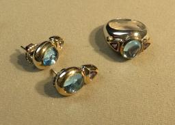Sterling w/ 18k gold bezel ring (size 7) with cabachion blue quartz & 2 amethyst matching post earri