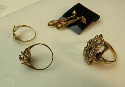 10K -yg- 3 rings - 1- size 6 w/amethyst, 1- size 5 7/8 heart shaped, 1- size 8 tri colored leaf patt