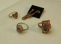 10K -yg- 3 rings - 1- size 6 w/amethyst, 1- size 5 7/8 heart shaped, 1- size 8 tri colored leaf patt