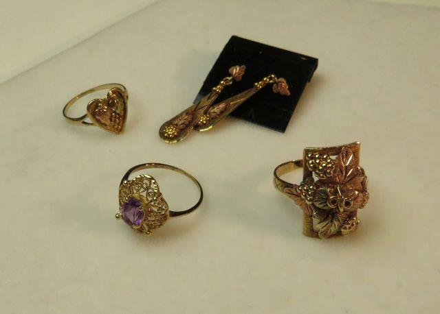 10K -yg- 3 rings - 1- size 6 w/amethyst, 1- size 5 7/8 heart shaped, 1- size 8 tri colored leaf patt