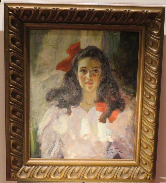 Framed Oil on Canvas  Dark Haired Girl with Red Bow  31" x 27"
