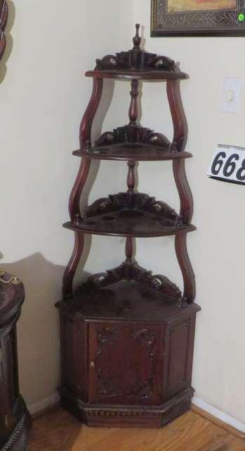 ornately carved mahogany corner shelf cabinet 17" x 17" x 59" high