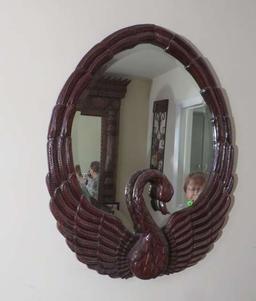 mahogany framed ornately carved swan mirror  31" x 41"