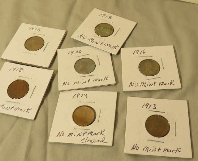 wheat penny (1) 1913, (1) 1916, (3) 1918, (1) 1919, (1) 1920