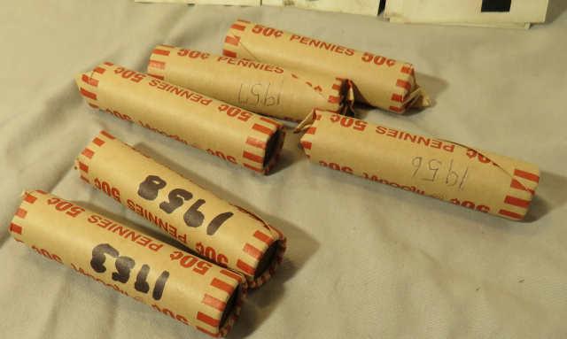 rolls 1950's wheat pennies (1) 1951, (1) 1953, (2) 1956, (1) 1957, (1) 1958