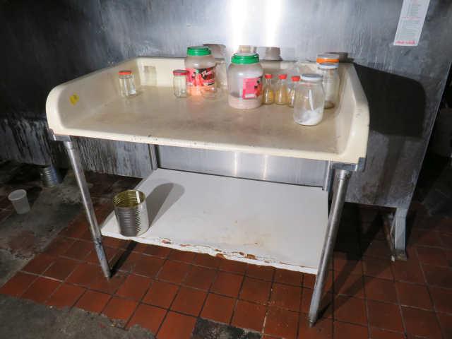 molded fiberglass top prep table on stainless steel legs 48" w x 28" deep x 36" high comes with unde