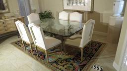 Glass top dining table with 6 upholstered chairs (2 with arms) table size 8