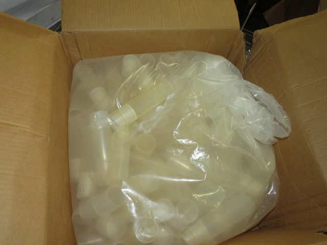 pallet of cases of mixed size  pill bottles and caps, syringes. Capsules, ,