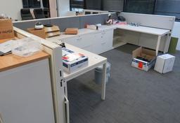 4 station cubicle, incl 4 lateral file cabinets, 4 shelving units, 4 desk tops, Footprint: 16' x ...