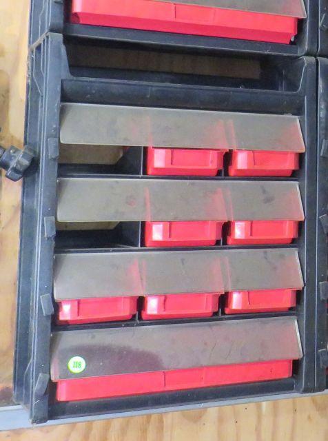 Small parts bin tray rack 6 sections each holds 12 bins