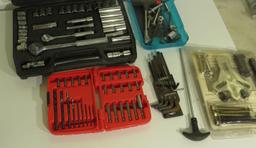 leather contractor bag with mixed tools - drill motor, impact driver, staple gun, trouble light hamm