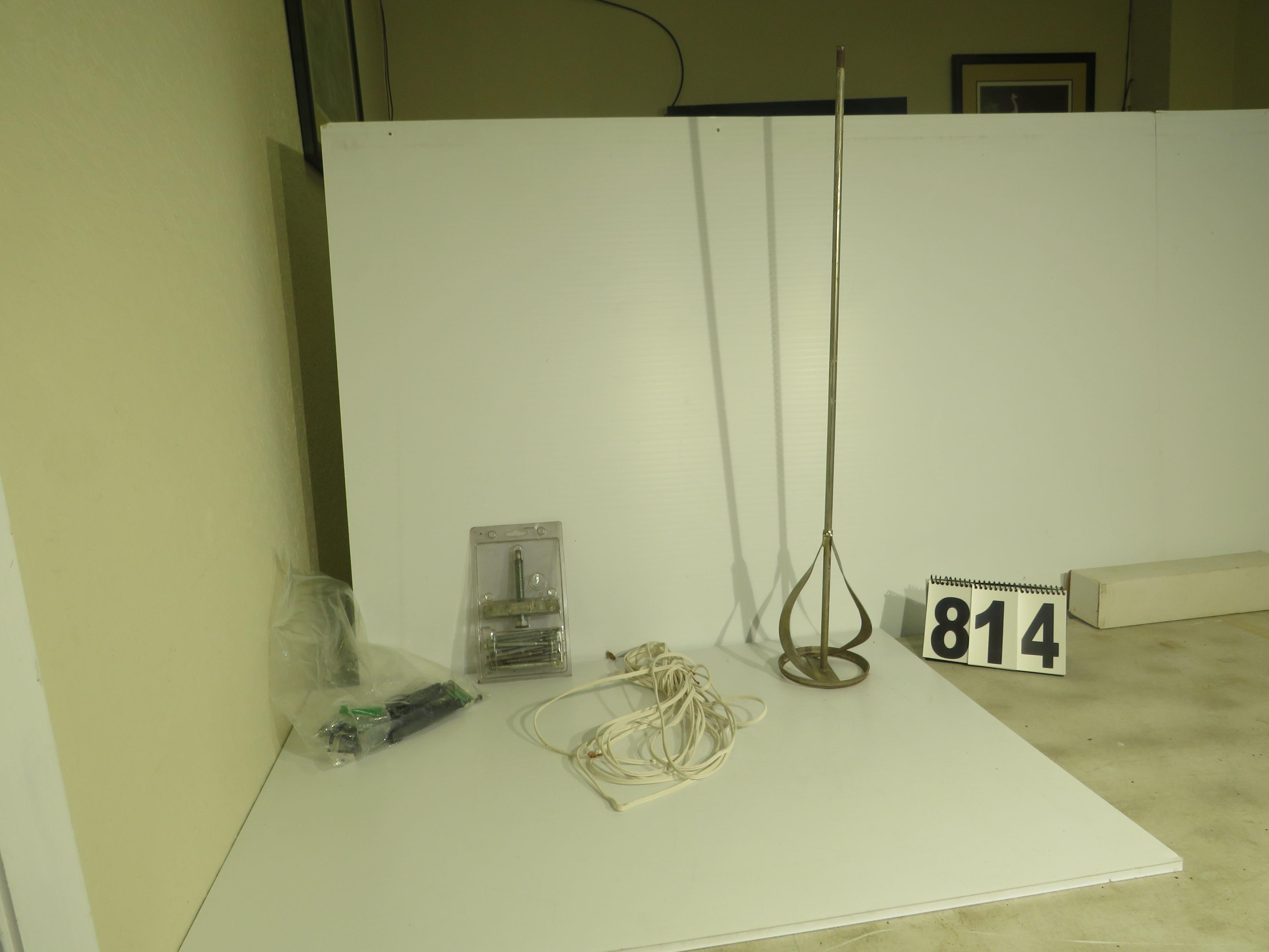 mixed hardware, paint and mud stirrer, remote, extension cord, puller set