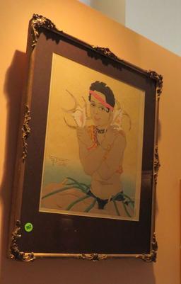 framed Polynesian figural print on paper