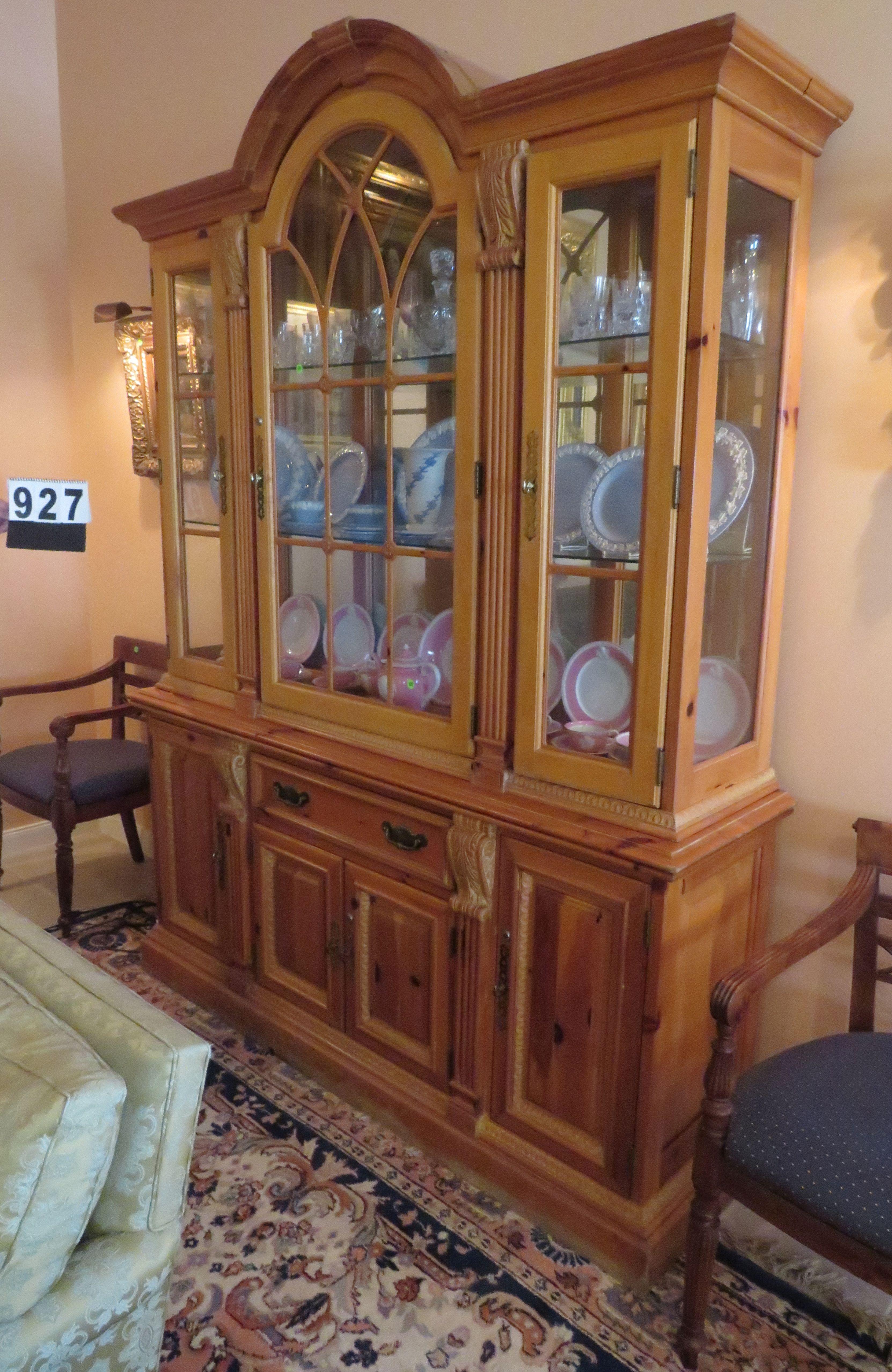 temporary Lexington china cabinet with glass paned doors, reeded columns, and center arch. Lower dra