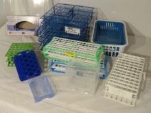 Mixed test tube holders plus dispenser glove rack for exam gloves