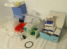 Assorted Lab Supplies, including test tube caps, sample cups, pipettes, finntip filter 100 ul, ex...
