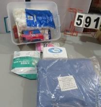 box cotton balls, swabs, masks, and 7 new disposable blue lab coats