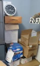 boxes of pads, clock