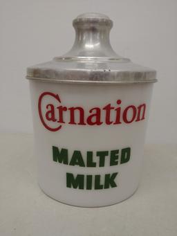 Carnations Malted Milk Milkglass Canister1716