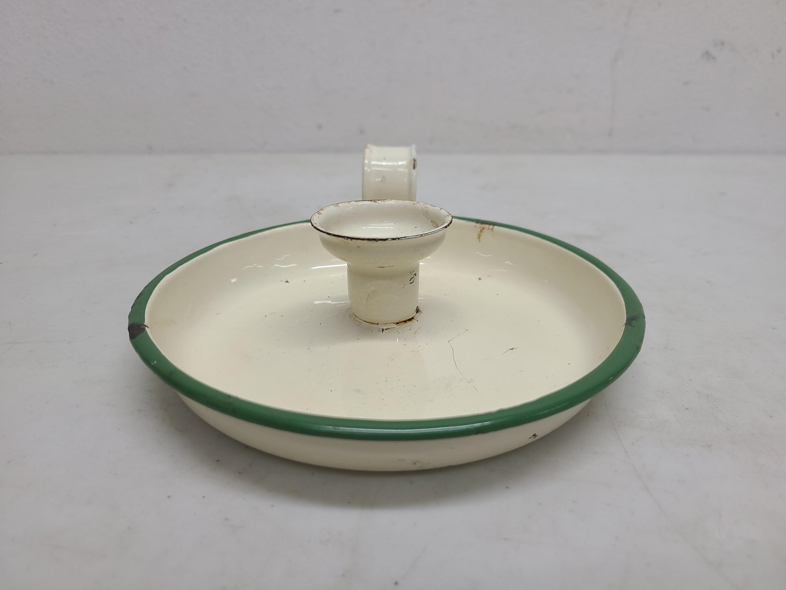 Cream & Green Enamelware Candle Stick Holder