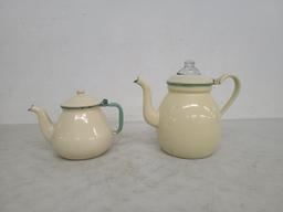 Cream Colored Enamelware Coffee Pot And Teapot