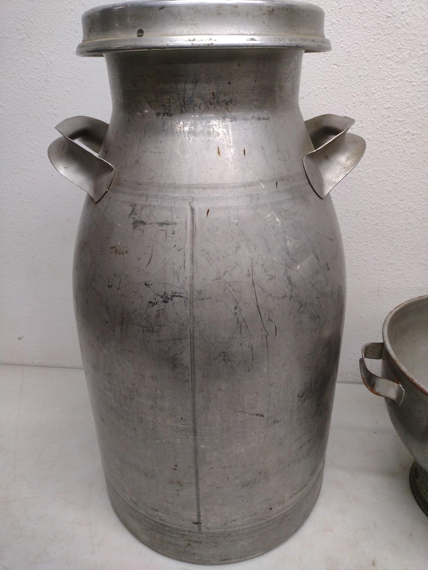 Firestone Sanaloy Stainless Steel Milk Can And Metal Milk Strainer