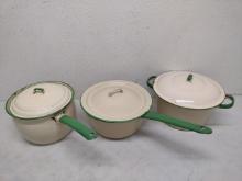 3 Cream Colored Green Trim Enamelware Kettles