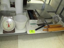 LOT-UNDER TABLE INCLUDES SCALE/ROLLING PIN/TRAYS/SPICES