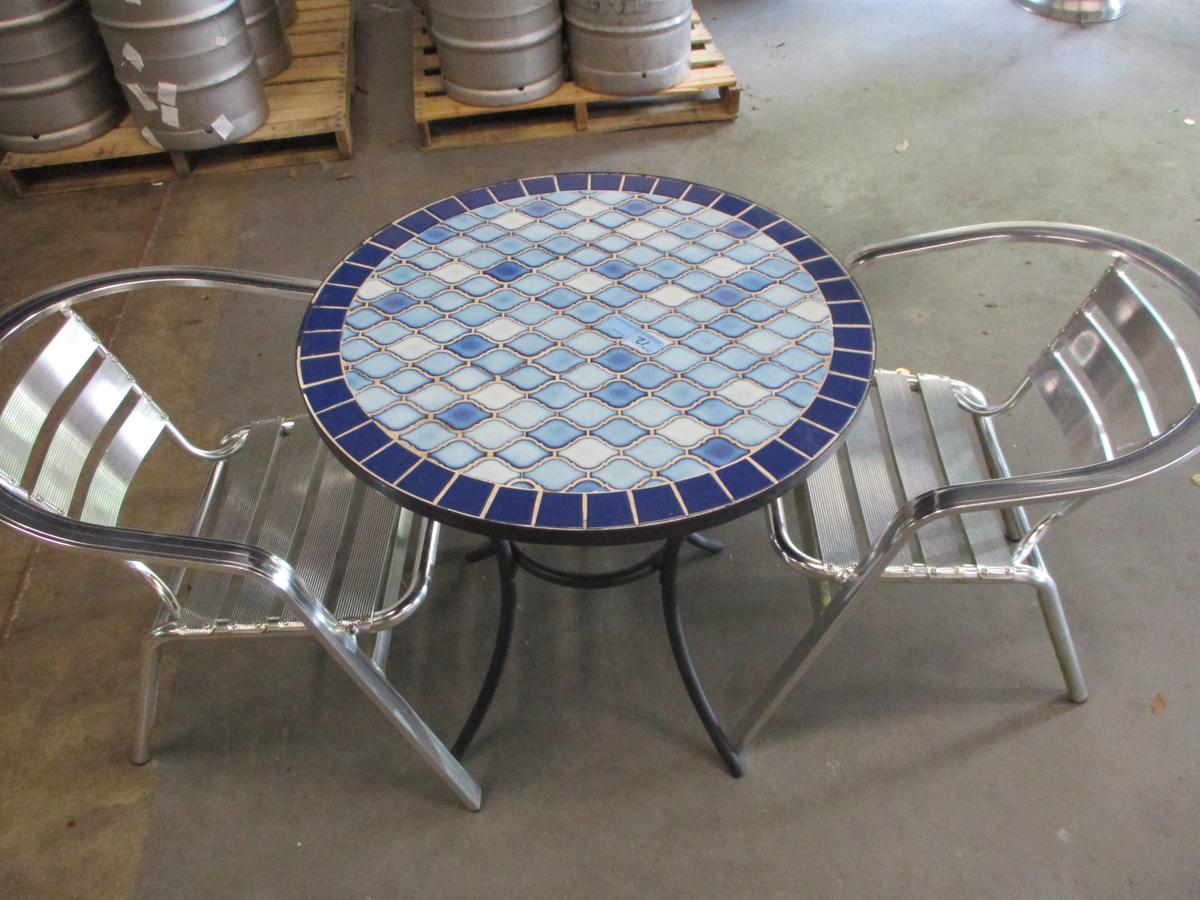 28 IN. DARK  BLUE TILE TABLE .2 SILVER CHAIRS