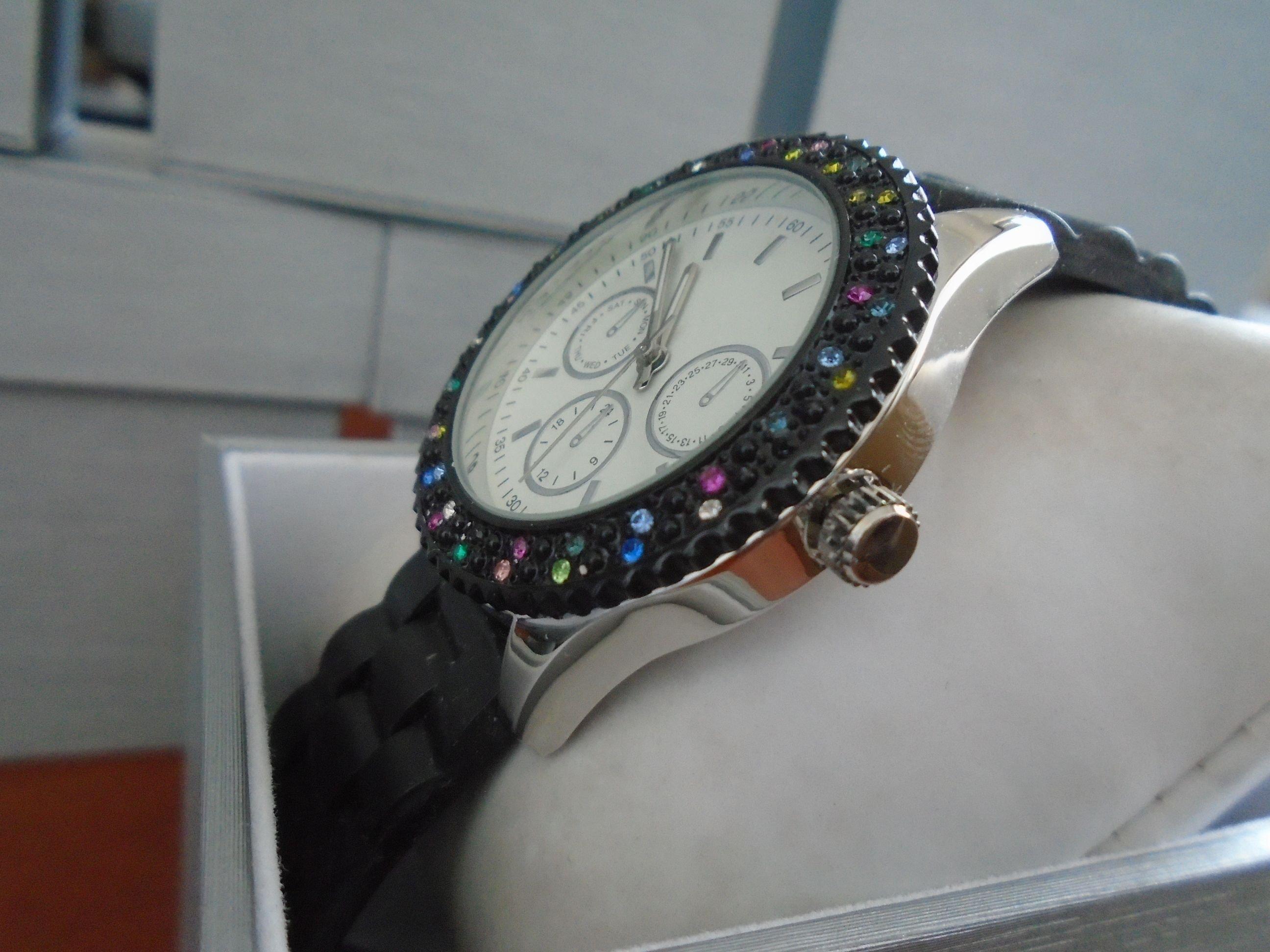 Ladies Watch, ZRT21009. Black bezel with multi colored stones