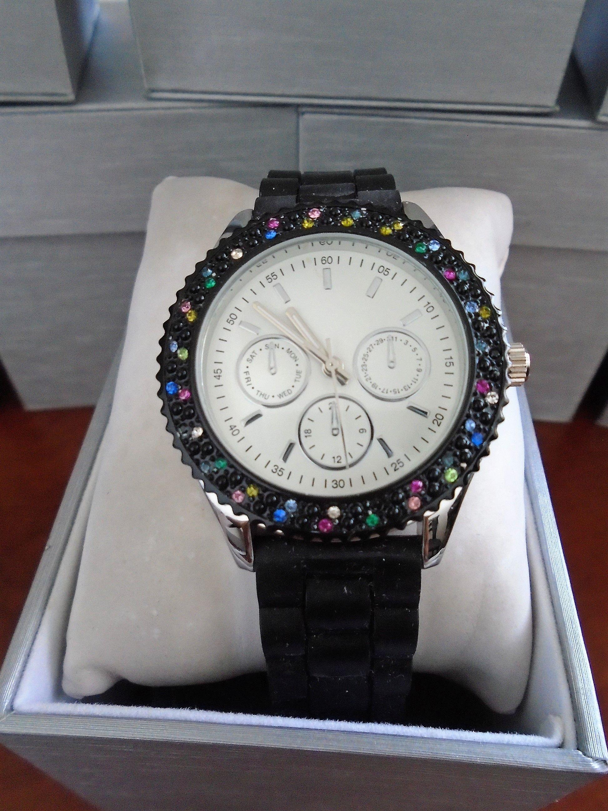 Ladies Watch, ZRT21009. Black bezel with multi colored stones