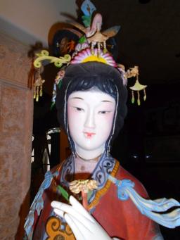 Antique Bone Japanese Empress statue on a wood base. hand painted.