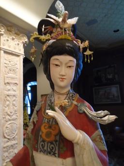 Antique Bone Japanese Empress statue on a wood base. hand painted.