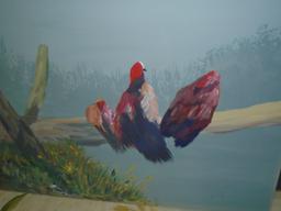 Oil painting on canvas. Depicts 4 birds sitting on a branch.