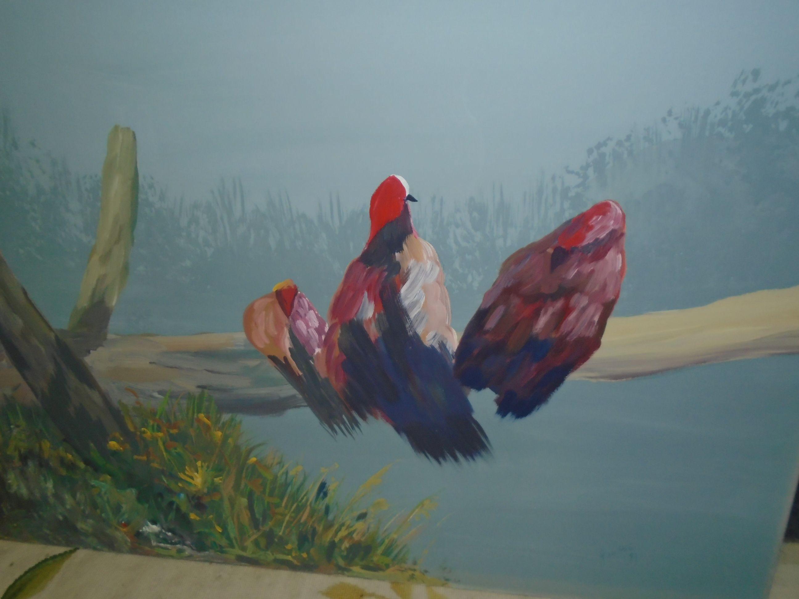Oil painting on canvas. Depicts 4 birds sitting on a branch.