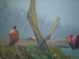 Oil painting on canvas. Depicts 4 birds sitting on a branch.