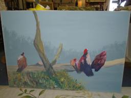 Oil painting on canvas. Depicts 4 birds sitting on a branch.