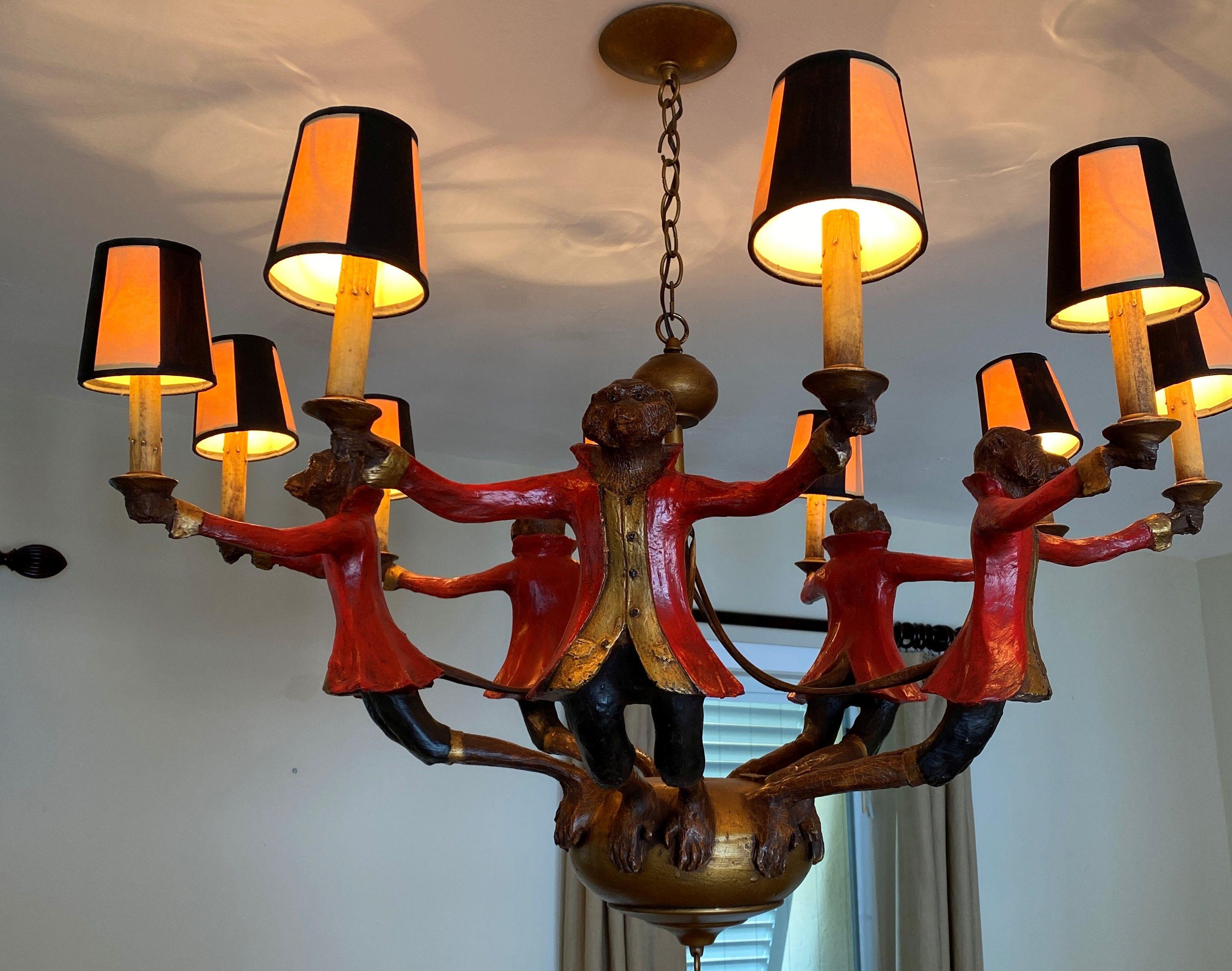 Ornate Wood Style Monkey Lamp with (10) Candles and Shades